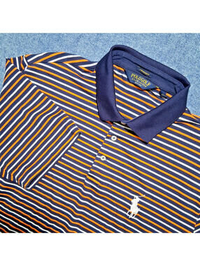 Polo Golf Ralph Lauren Men's LG Blue/Orange/ White Striped S/Sleeve Polo Shirt